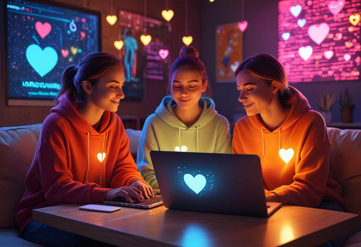 A warm and inviting scene showcasing two friends sitting side by side, each with their laptops open, animatedly communicating through holographic messages and virtual emojis blooming around them. Illustrate a blend of technology and intimacy, with soft lighting illuminating their faces, and a subtle heart shape in the background showcasing their evolving relationship. futuristic, vibrant colors, digital art.