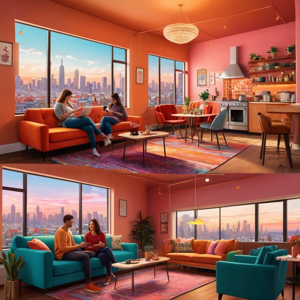 A split-screen illustration showcasing two individuals conversing through their smartphones, with a city skyline in the background symbolizing the digital landscape of modern dating. One side shows a cozy living room setting while the other displays a vibrant coffee shop atmosphere, highlighting different dating environments. Incorporate heart motifs and connection lines to represent deeper romantic connections. vibrant colors. modern illustration.