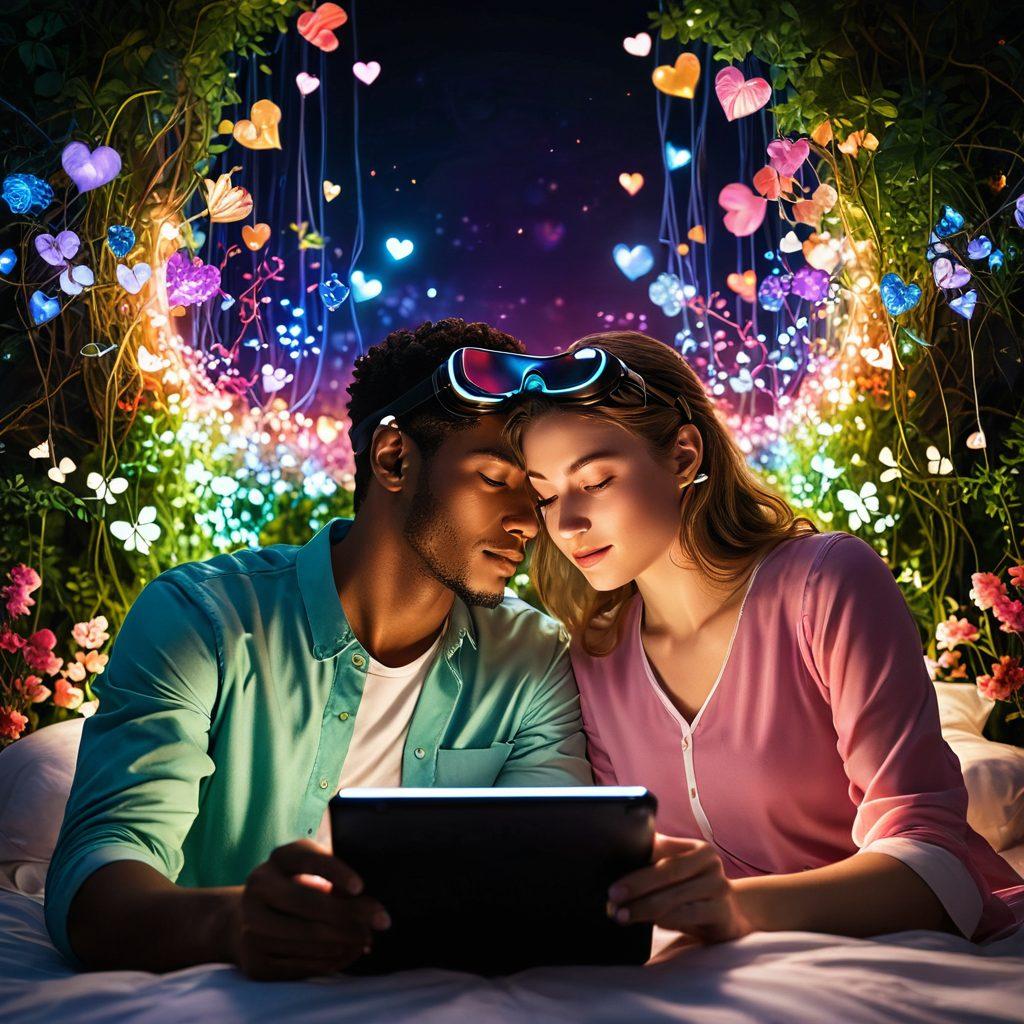 A romantic couple sitting close together, using smart devices that emit soft, colorful light around them. The background features glowing hearts and digital connections manifesting visual patterns of affection. Incorporate elements of modern technology, like virtual reality experiences, blending seamlessly with nature, symbolizing harmony between love and tech. dreamy and enchanting atmosphere. vibrant colors. super-realistic.